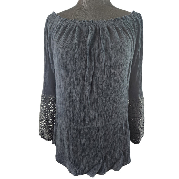 Alison Andrews womens XL black long sleeve off the shoulder blouse boho hippie - Picture 1 of 7